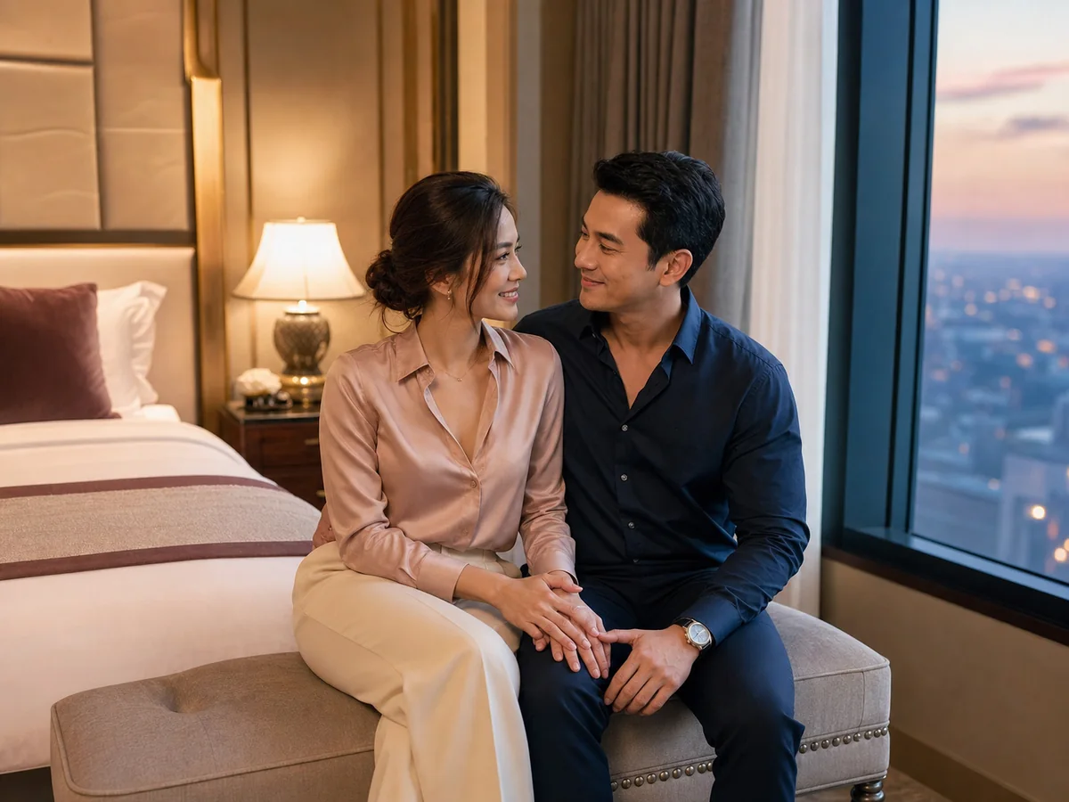 คู่รักวัยทำงานชาวไทยนั่งใกล้กันและจับมือในห้องนอนแสงอุ่น